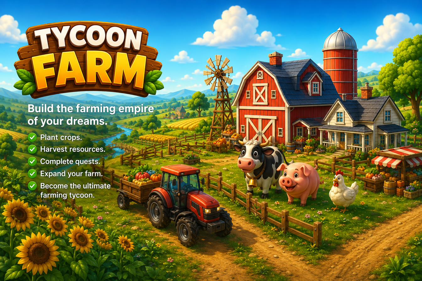 TycoonFarm key art — a colorful farm with a barn, windmill, crops, and animals